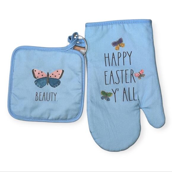Rae Dunn Happy Easter Blue Kitchen Oven Mitt and Potholder Pink Butterflies - Picture 11 of 11